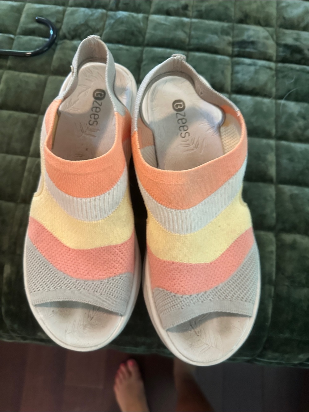 Bzees Women's Slip-On Knit Sandals in Peach, Yellow & Light Gray